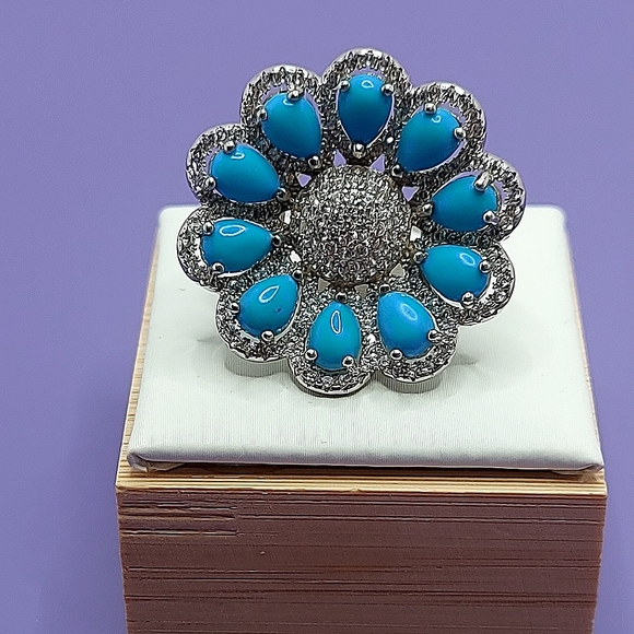 Natural Turquoise 6x4mm & Cz 925 Sterling Silver Ring Size 6.5 - Picture 3 of 11